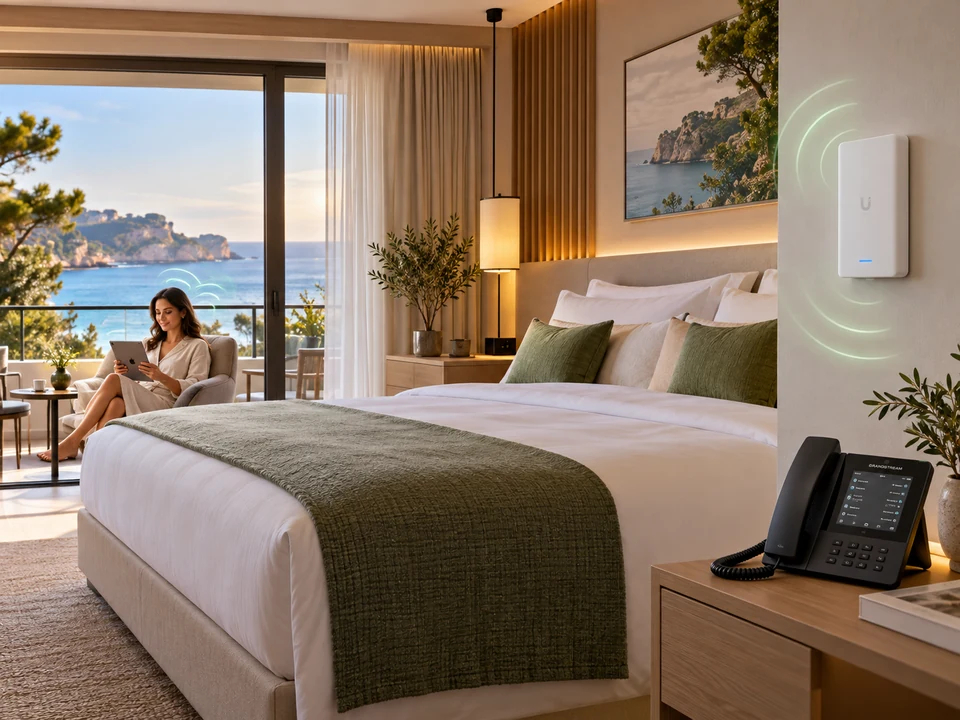 Habitación de hotel con punto de acceso UniFi In-Wall, teléfono Grandstream y una huésped utilizando una tableta
