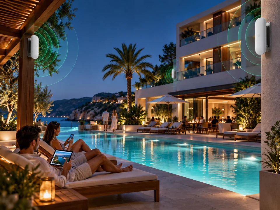Zona de piscina y terraza de hotel con puntos de acceso UniFi y huéspedes utilizando dispositivos conectados