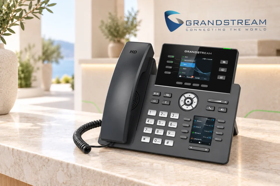 Composición visual de teléfono Grandstream en recepción hotelera